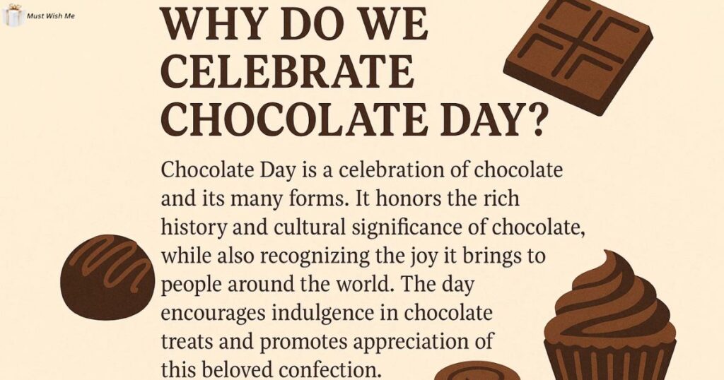 We celebrate Chocolate Day, primarily on World Chocolate Day (July 7th), to commemorate chocolate's arrival in Europe in 1550 and to honor its history and cultural significance as a beloved sweet treat.